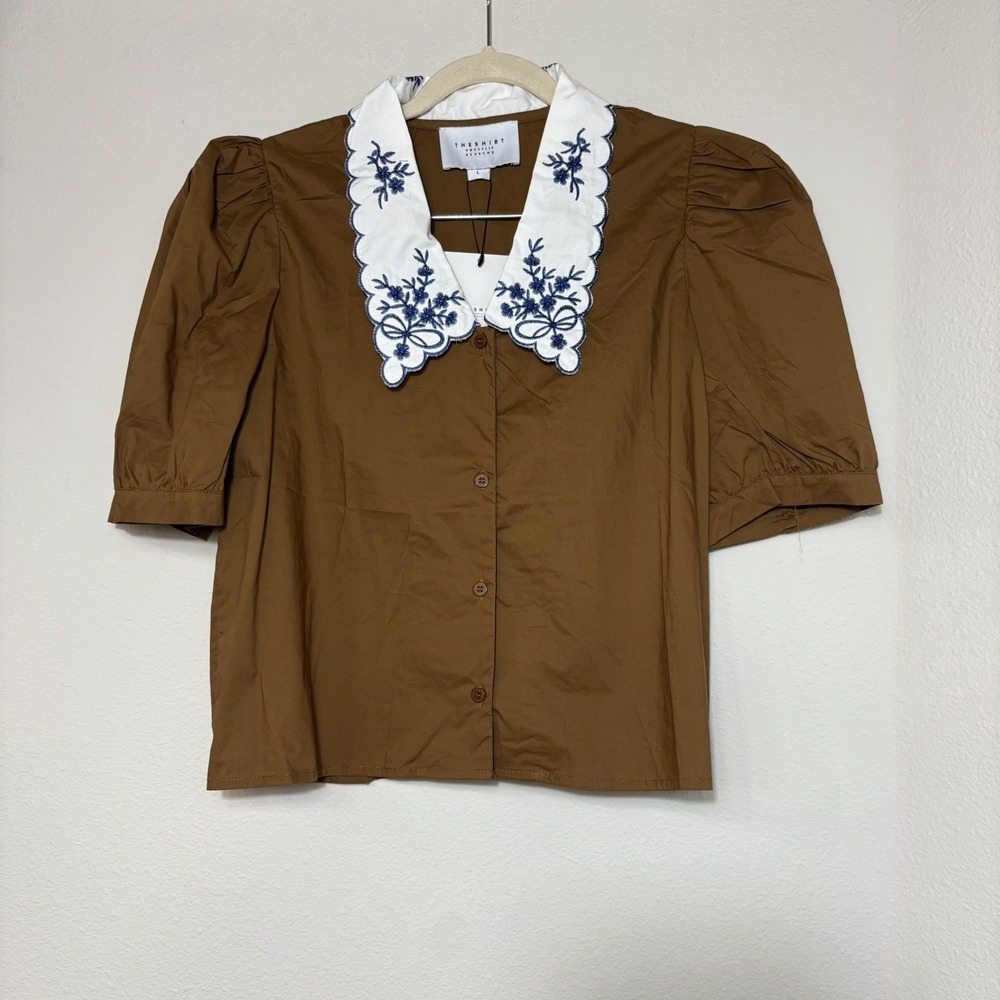 NWT The Shirt Rochelle Behrens L Brown Collared Puff Sleeve Embroidered Blouse